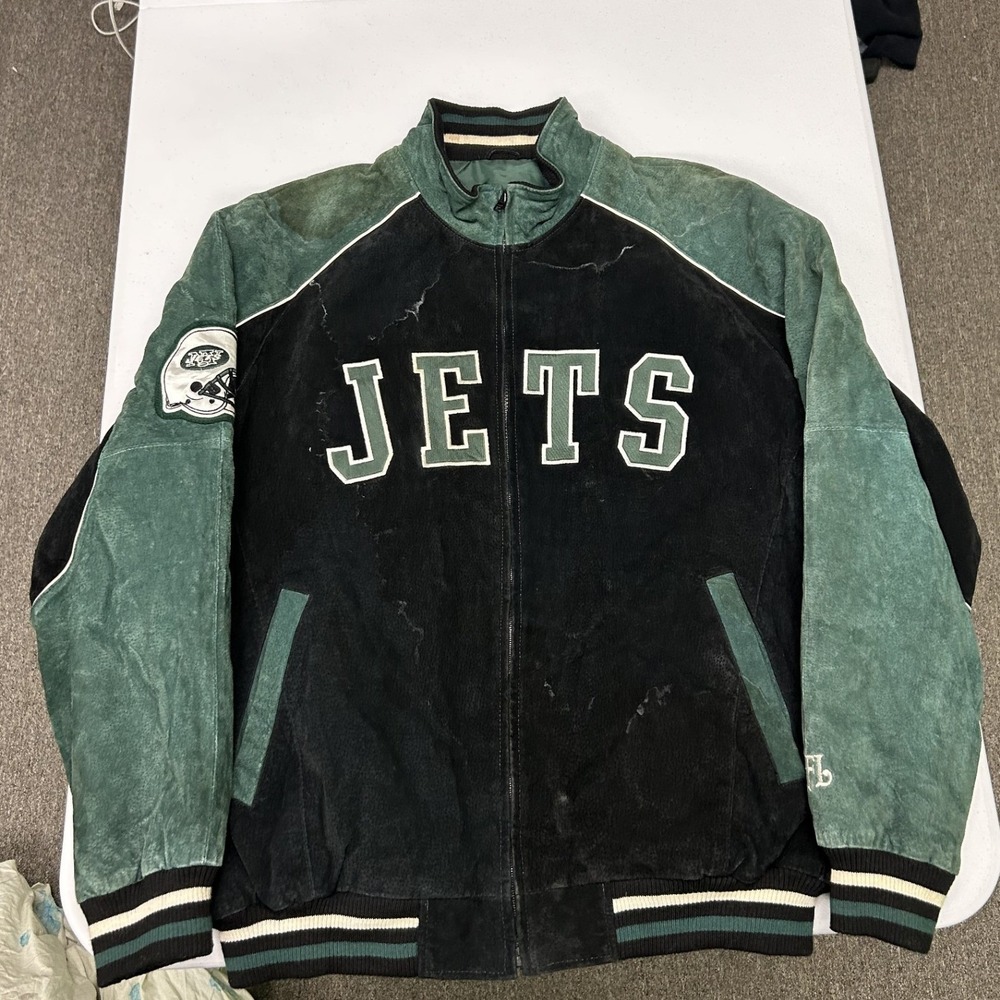 NFL Varsity Jacket Mens XL Green Black Suede Leather New York Jets Distressed